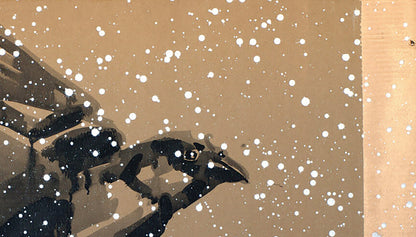 Stylized black bird with white speckles in First Snow by Dima Filatov acrylic painting