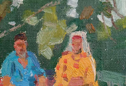 Oil painting Tea party by Yury Konovalov: two figures under green branches