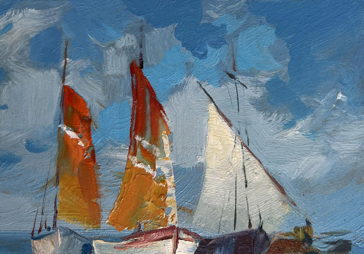 Vibrant oil painting On a Journey by Sea by Yuriy Suprunchuk, two sailboats