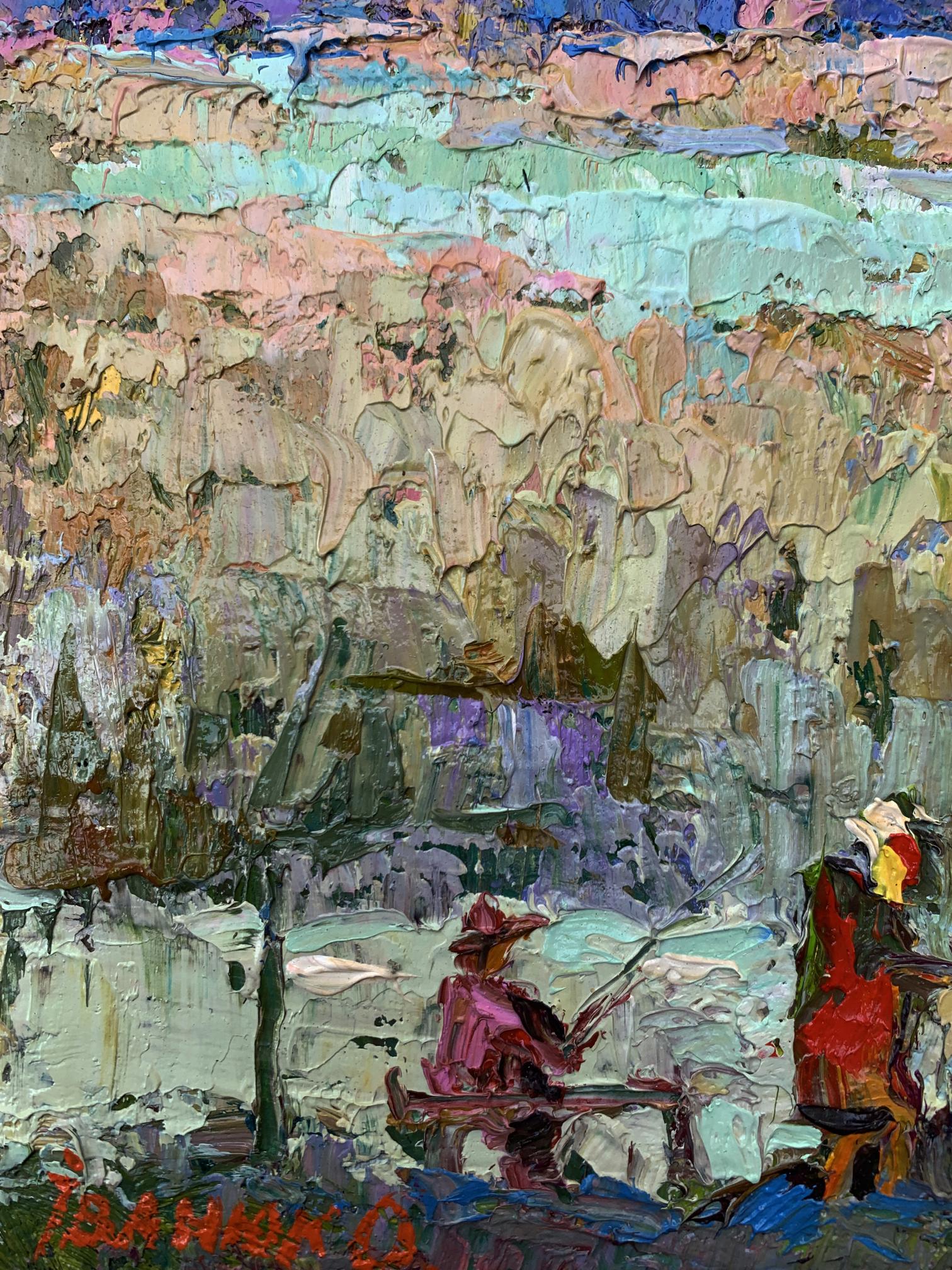 Vibrant impressionist oil painting Fishing with friends by Oksana Ivanyuk