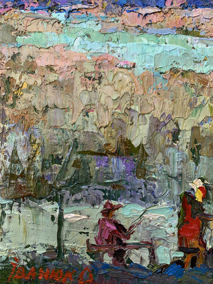 Vibrant impressionist oil painting Fishing with friends by Oksana Ivanyuk