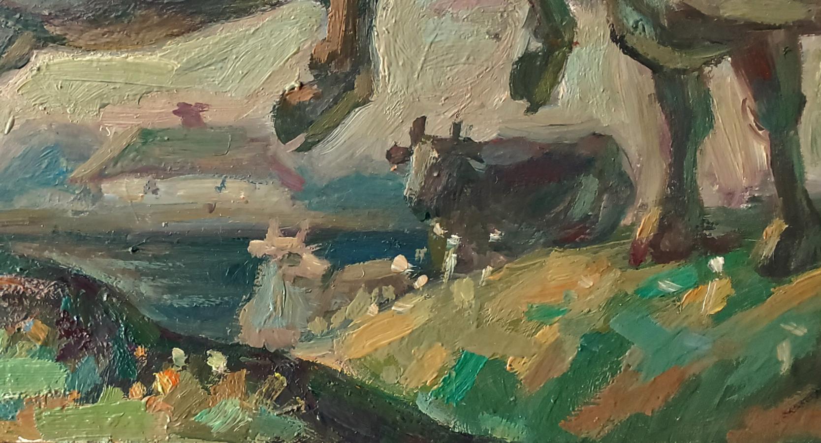 Oil painting of dark cow on green hillside by Daniil Litvinov