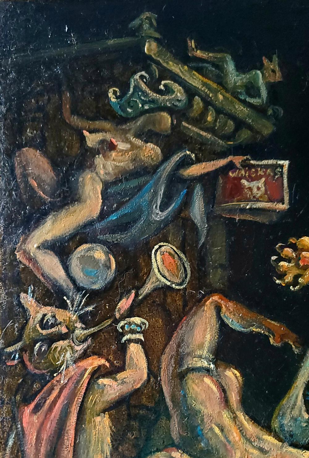 Surreal oil painting Eclipse by Daniil Litvinov, mythological figures on black background