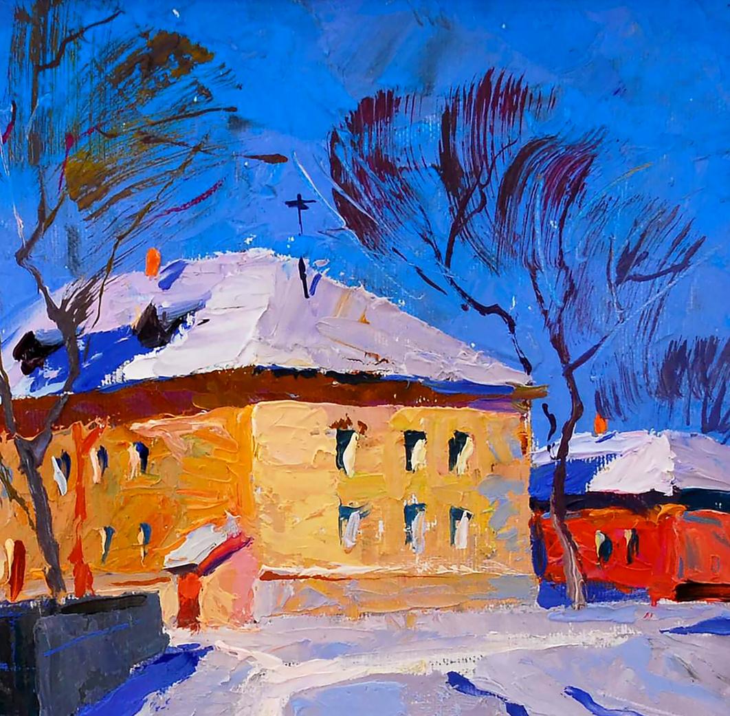 Oil painting It was snowing by Egor Shvachunov snowy yellow building