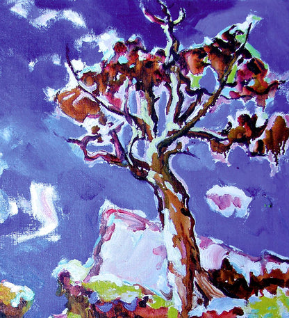 Oil painting In the Mountains by Leonid Pavlenko with stylized tree