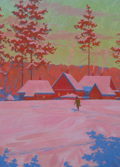 Oil painting Frosty evening in the village by Valery Savenets, vibrant winter scene