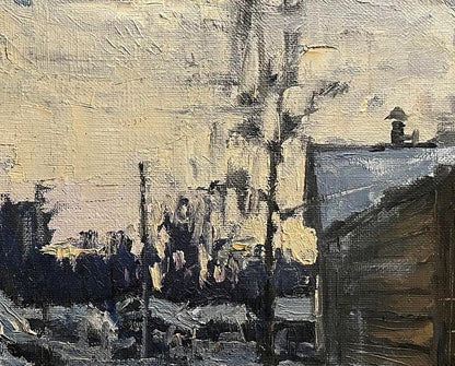 Oil painting Gentle Snow by Volodymyr Pashchenko, impressionistic street scene