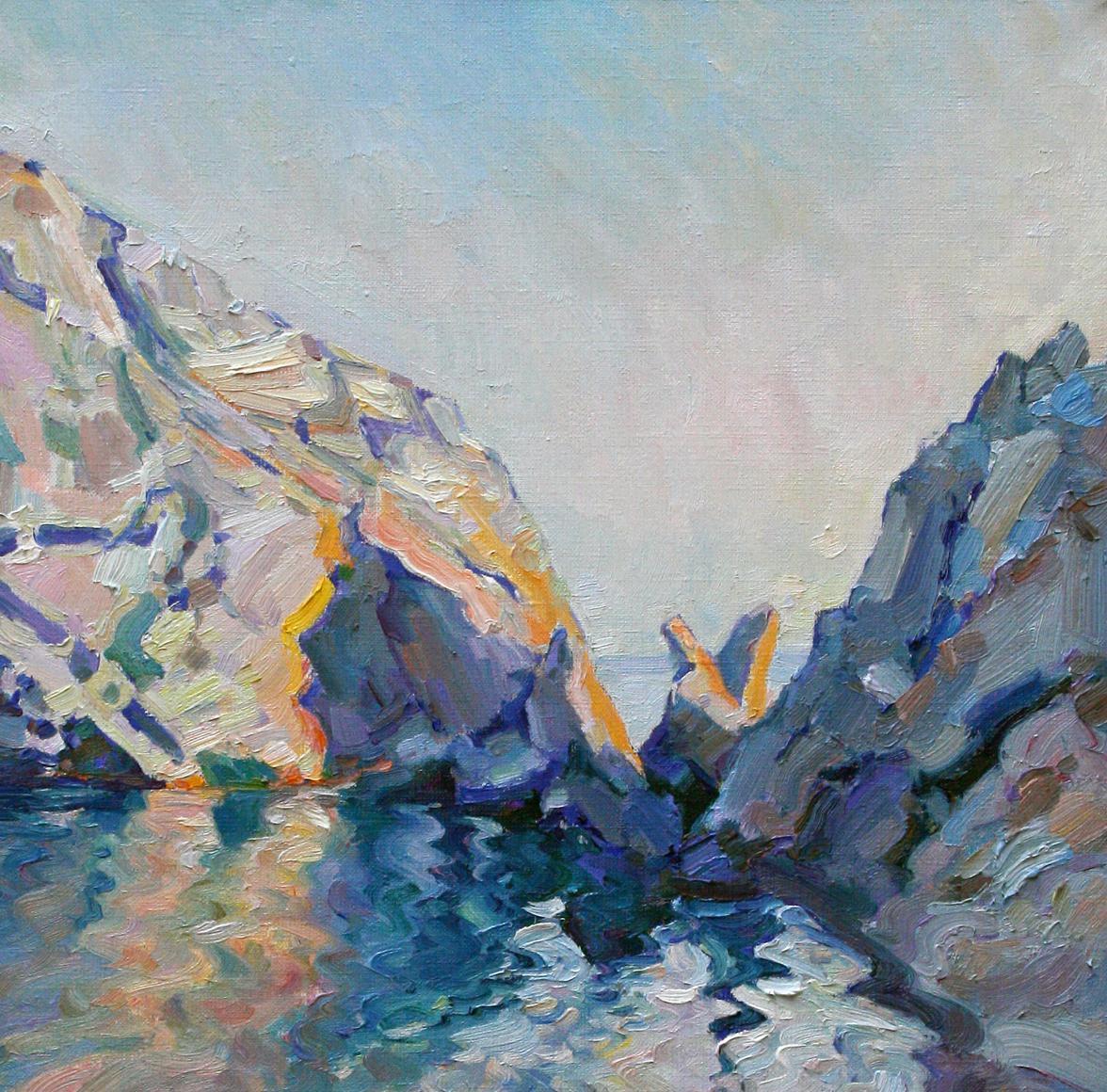 Impressionistic oil painting of rugged coastal cliffs by Leonid Pavlenko