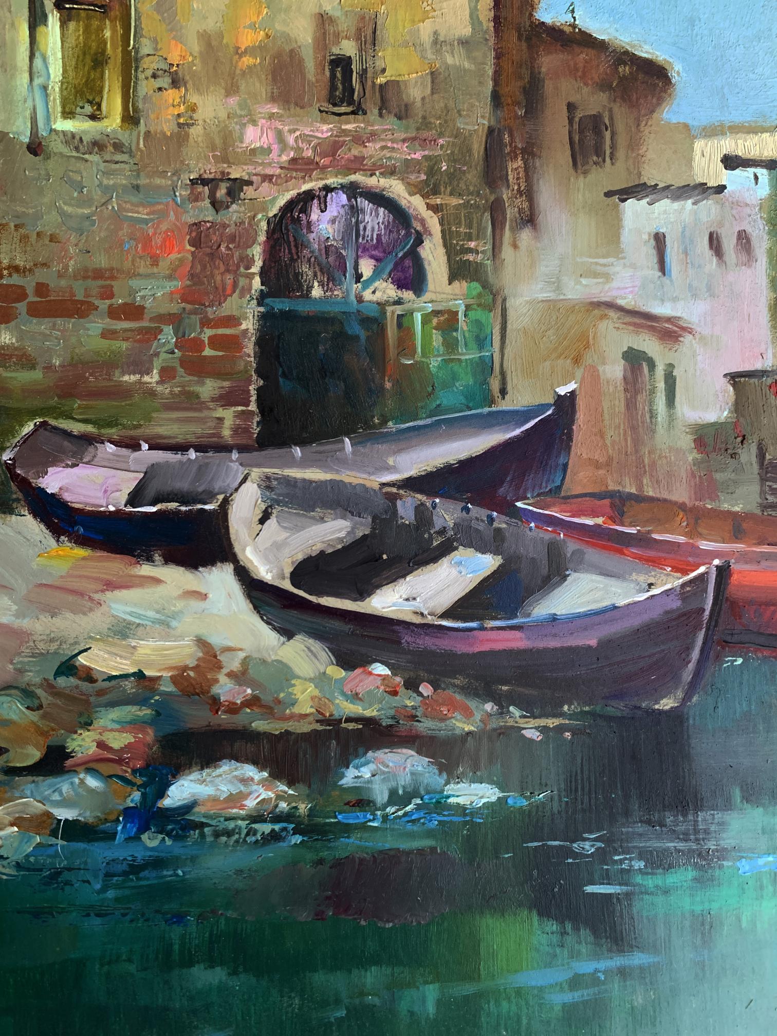 Rustic dark purple rowboat on calm green water, Yuriy Suprunchuk oil painting