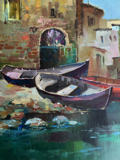 Rustic dark purple rowboat on calm green water, Yuriy Suprunchuk oil painting