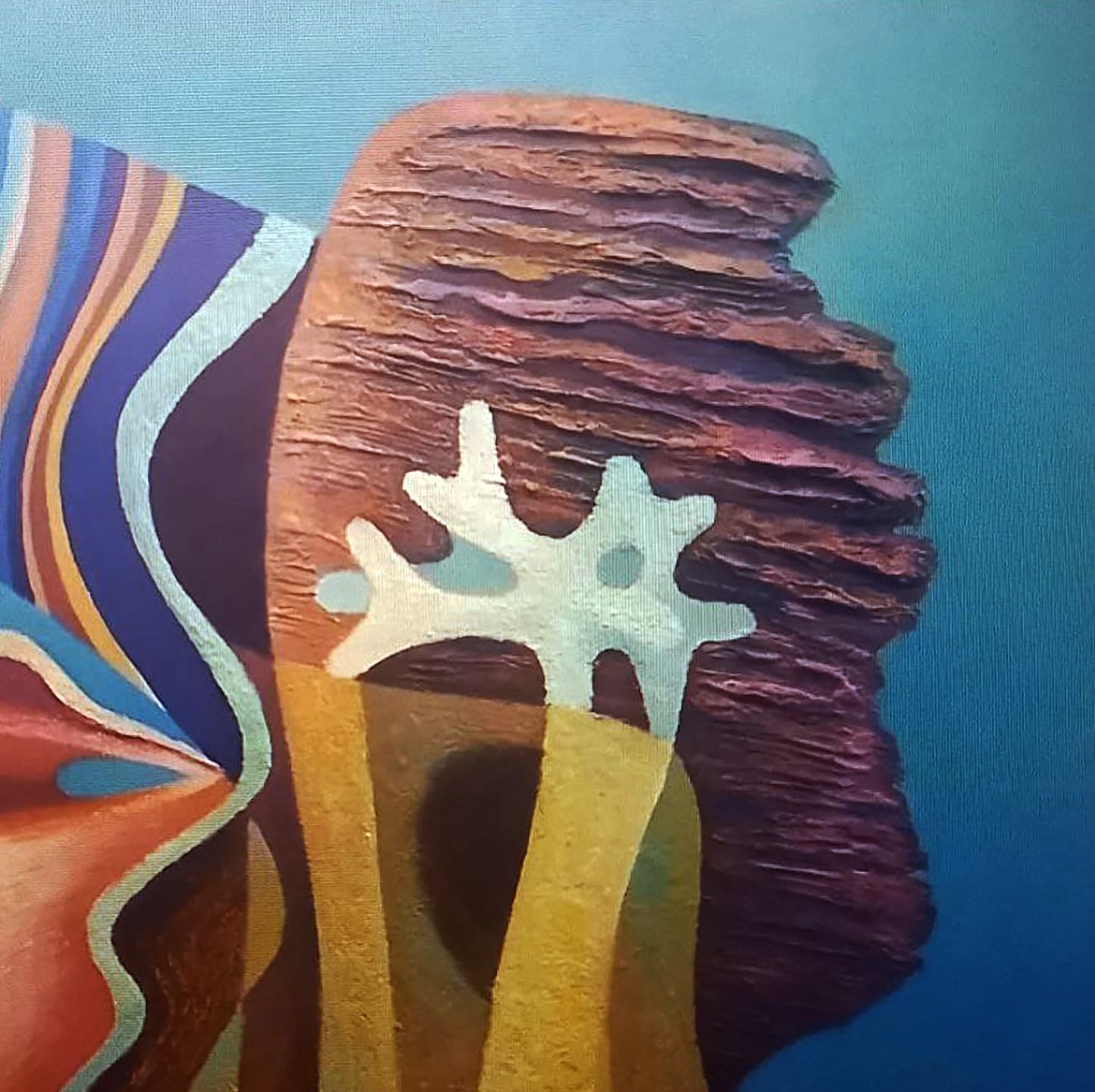 Oil painting Yellow corals by Alexander Strashevich, textured reddish-brown rock with white corals on blue