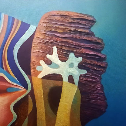 Oil painting Yellow corals by Alexander Strashevich, textured reddish-brown rock with white corals on blue