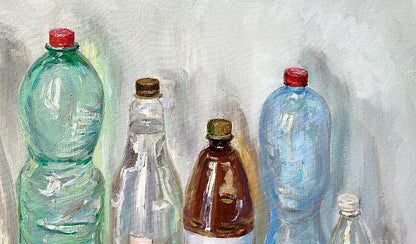 Oil painting of colorful plastic bottles by Leonid Pavlenko