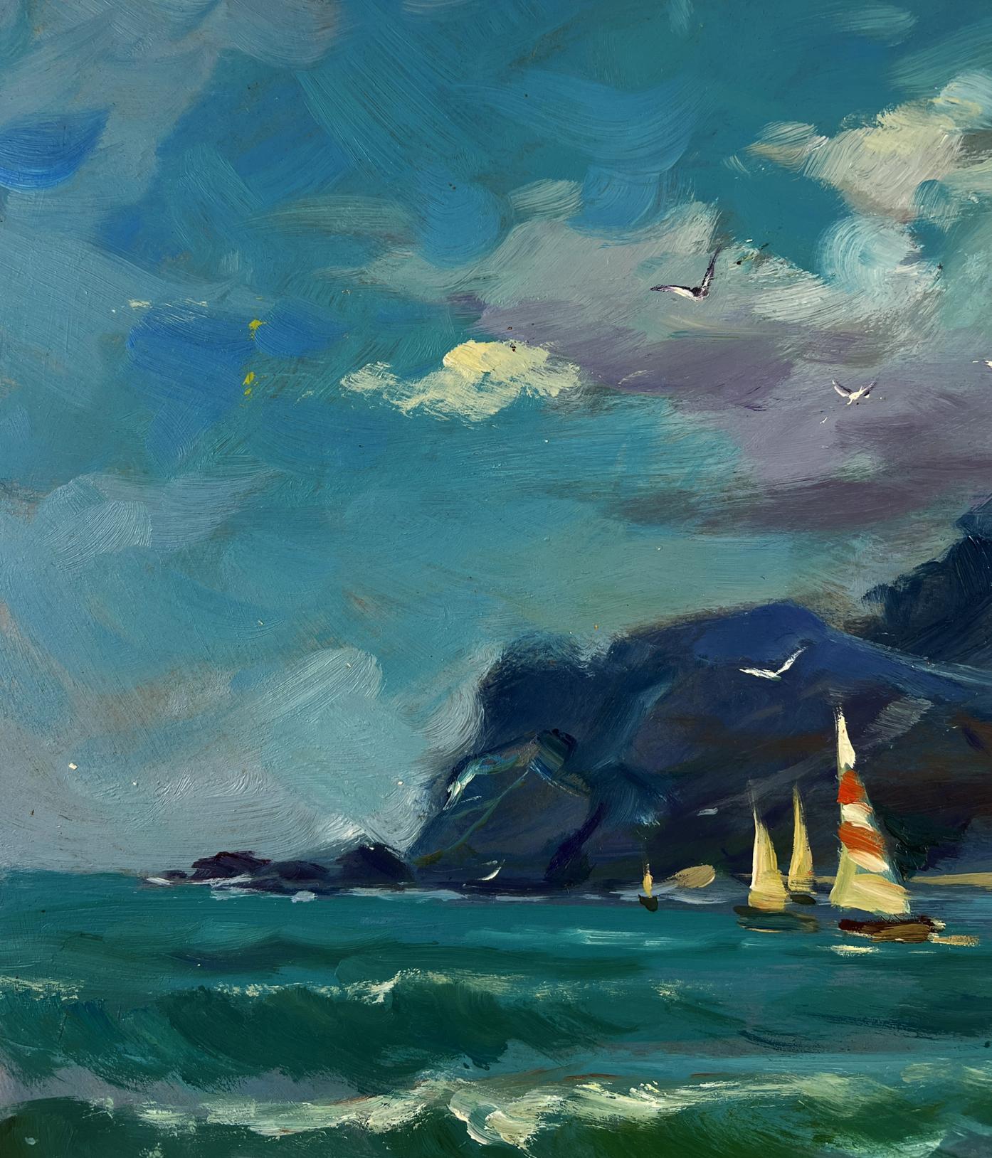 Oil painting of sailboats, seagulls over turquoise waves by Yuriy Suprunchuk