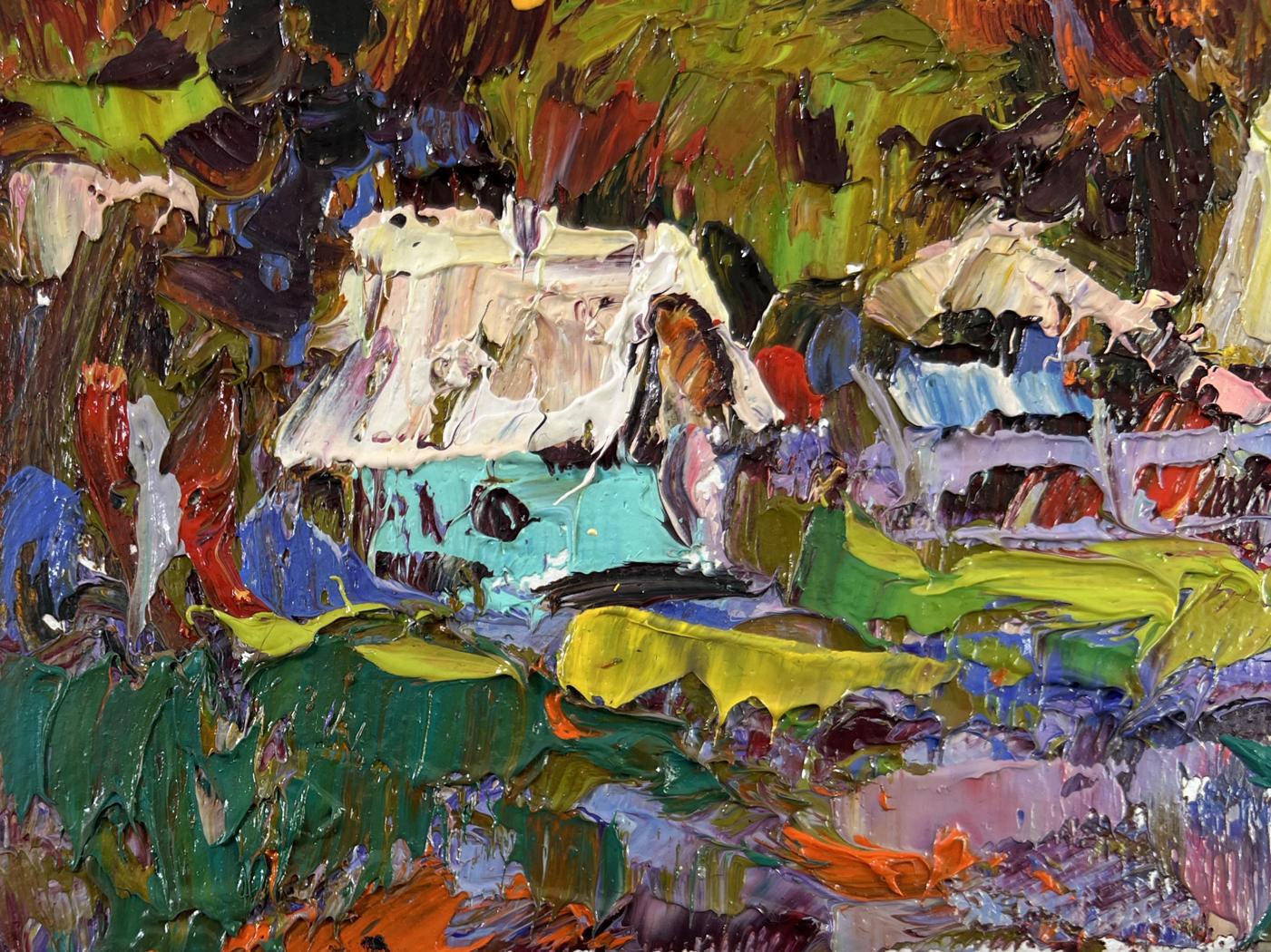 Vibrant oil painting The sun is setting by Oleksiy Ivanyuk, abstract green blue landscape