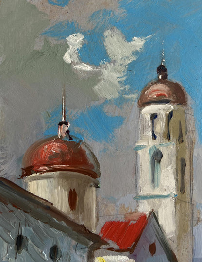 Oil painting of city on water with church domes, white sails by Yuriy Suprunchuk