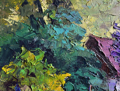 Oil painting of lilac bush in garden by Boris Serdyuk, impasto green and purple layers