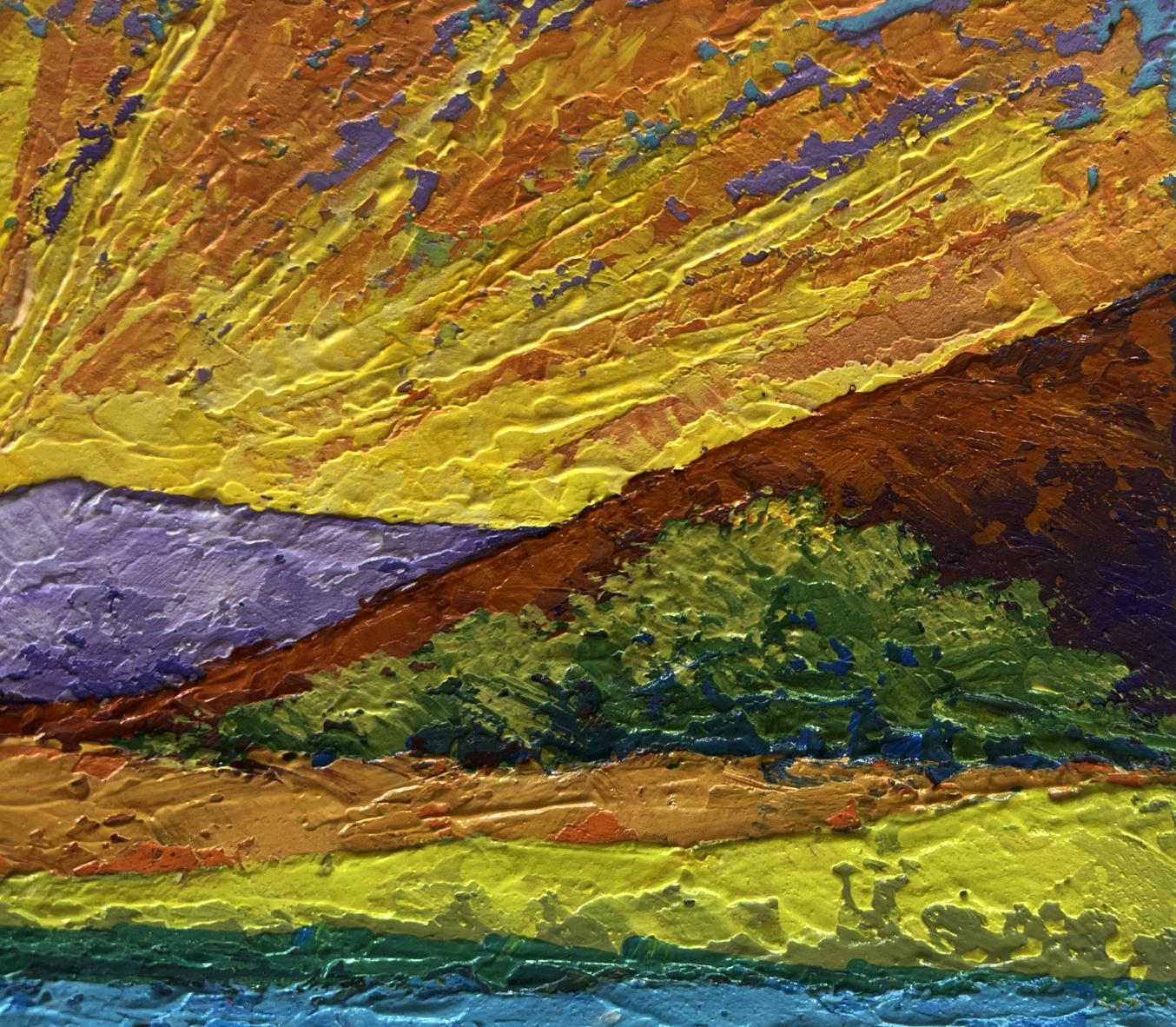 Vibrant oil painting of yellow sun rays sunset over hills by V. Zadorozhnya