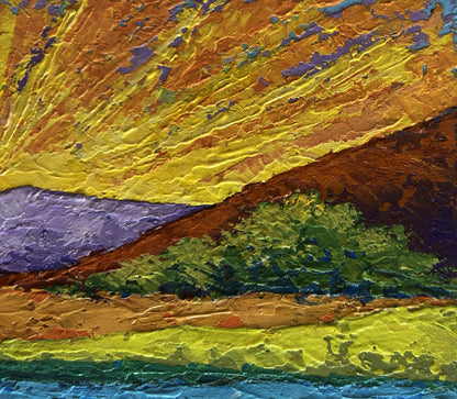 Vibrant oil painting of yellow sun rays sunset over hills by V. Zadorozhnya