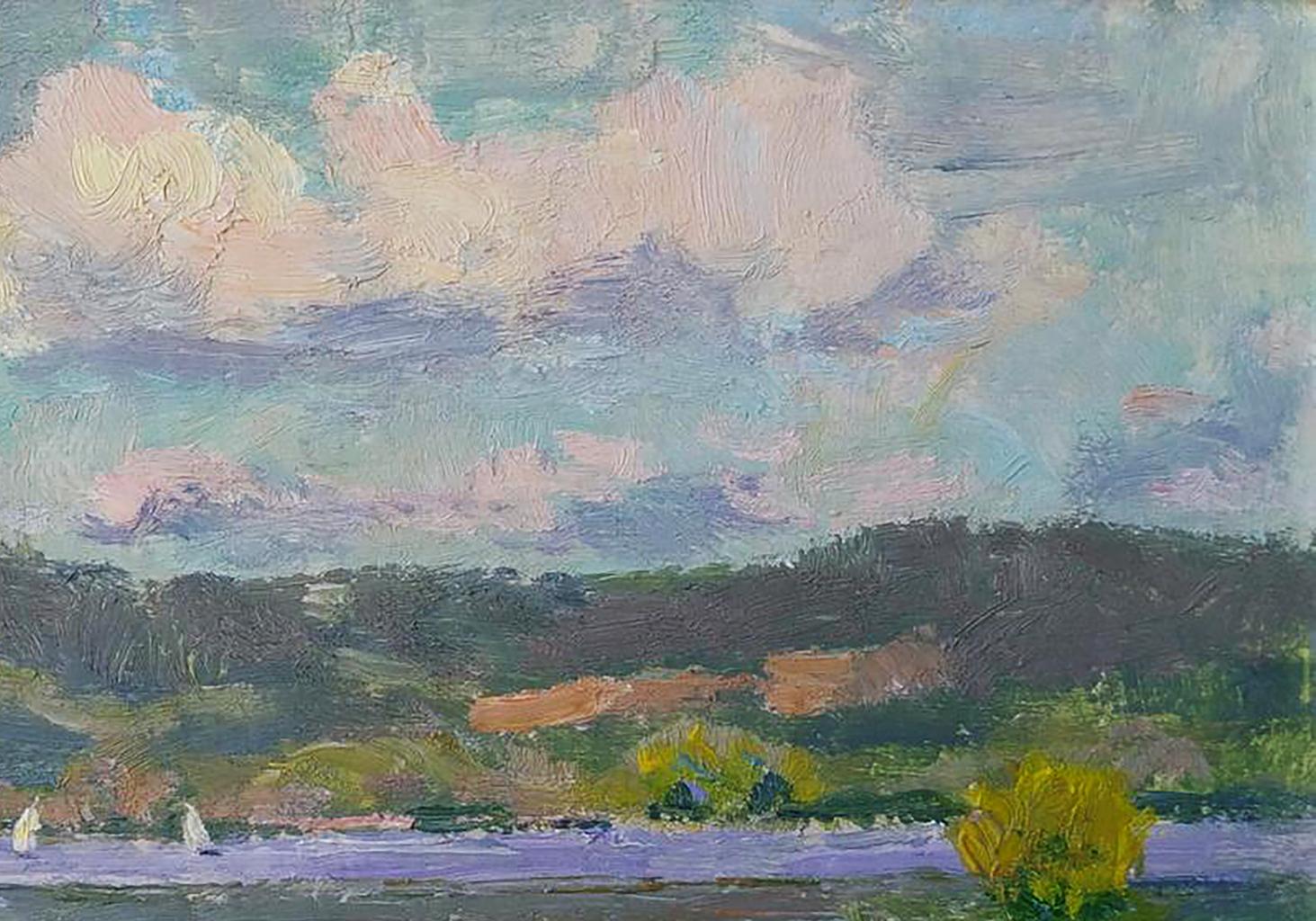 A soft, impressionistic landscape painting featuring a sky with blended pastel clouds over rolling green hills and distant orange fields.