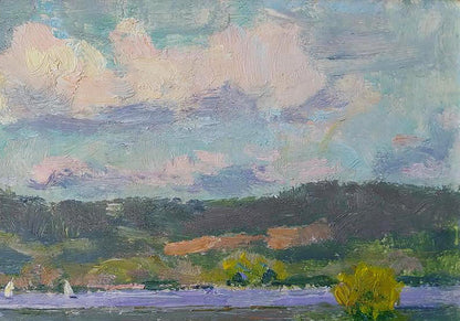 A soft, impressionistic landscape painting featuring a sky with blended pastel clouds over rolling green hills and distant orange fields.