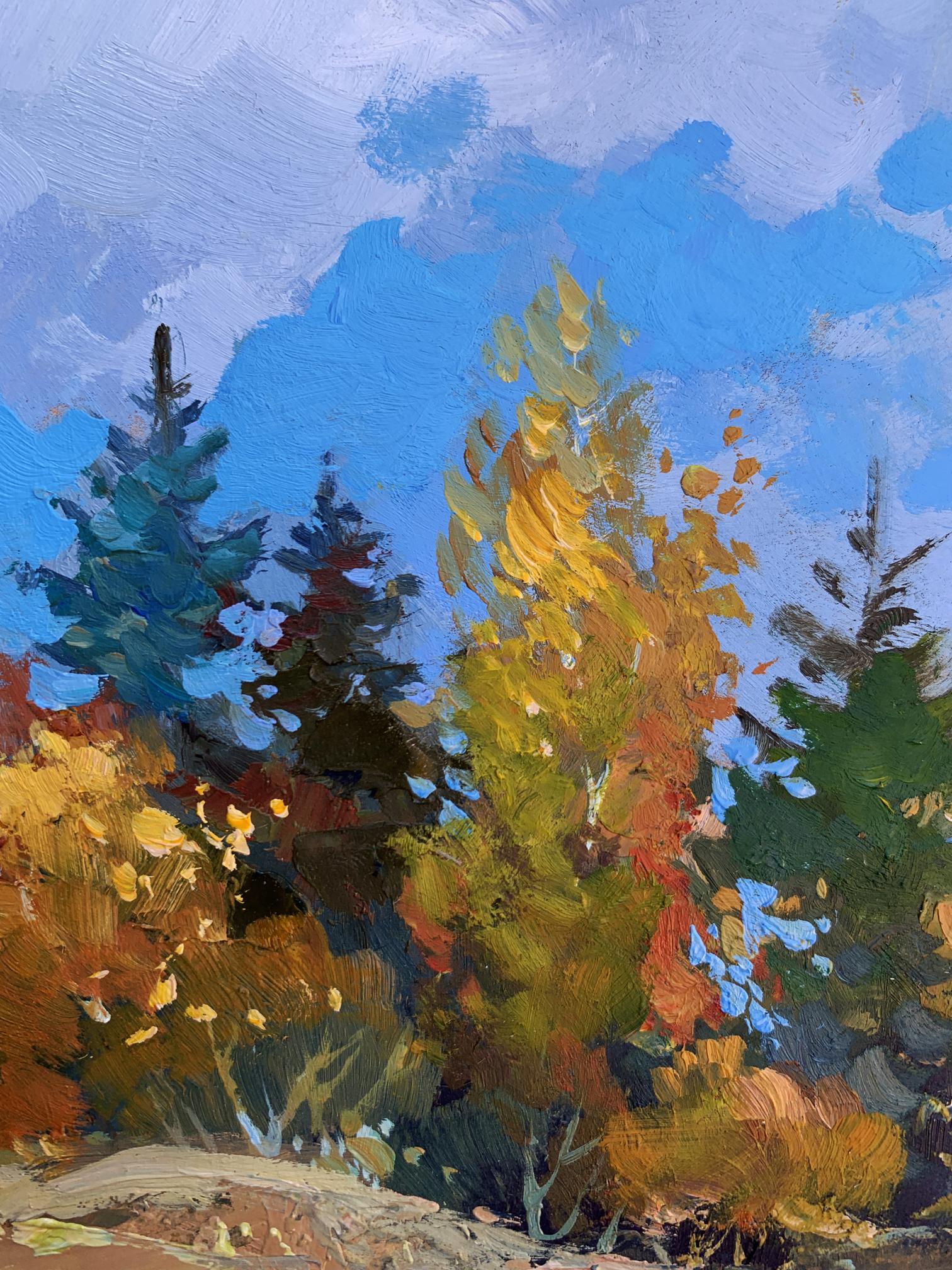 Oil painting Here comes autumn by Yuriy Suprunchuk vibrant autumn forest scene