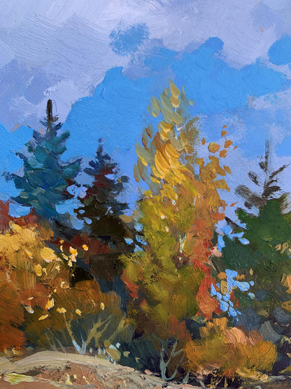 Oil painting Here comes autumn by Yuriy Suprunchuk vibrant autumn forest scene