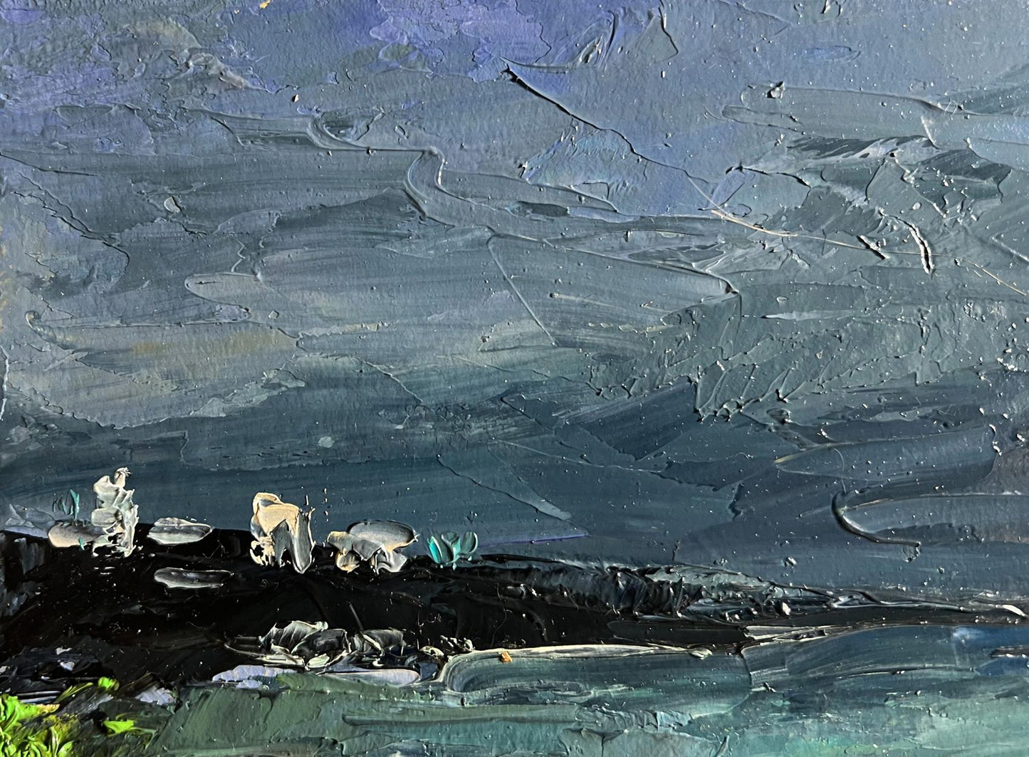Oil painting of people on beach by Boris Serdyuk, textured blue impasto