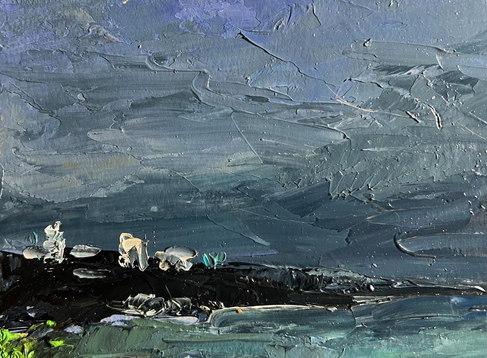 Oil painting of people on beach by Boris Serdyuk, textured blue impasto
