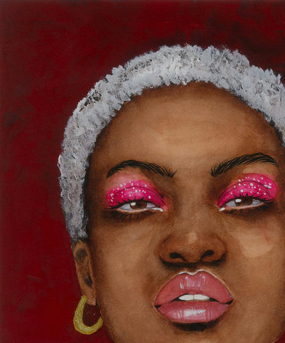 Vibrant watercolor portrait by Victoria Kagalovska: woman with silver hair, pink glitter eyeshadow on red background