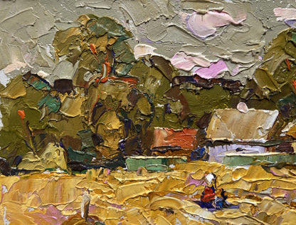 Textured oil painting The path leading home by Oksana Ivanyuk, rustic village scene