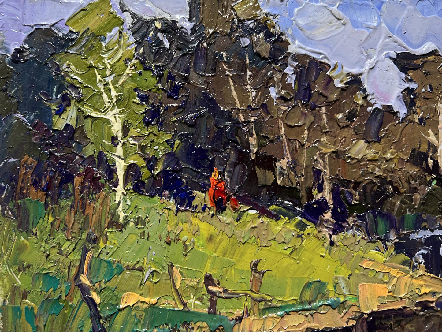 Oil painting by Oleksiy Ivanyuk: lone red figure by boat to shore in green hills