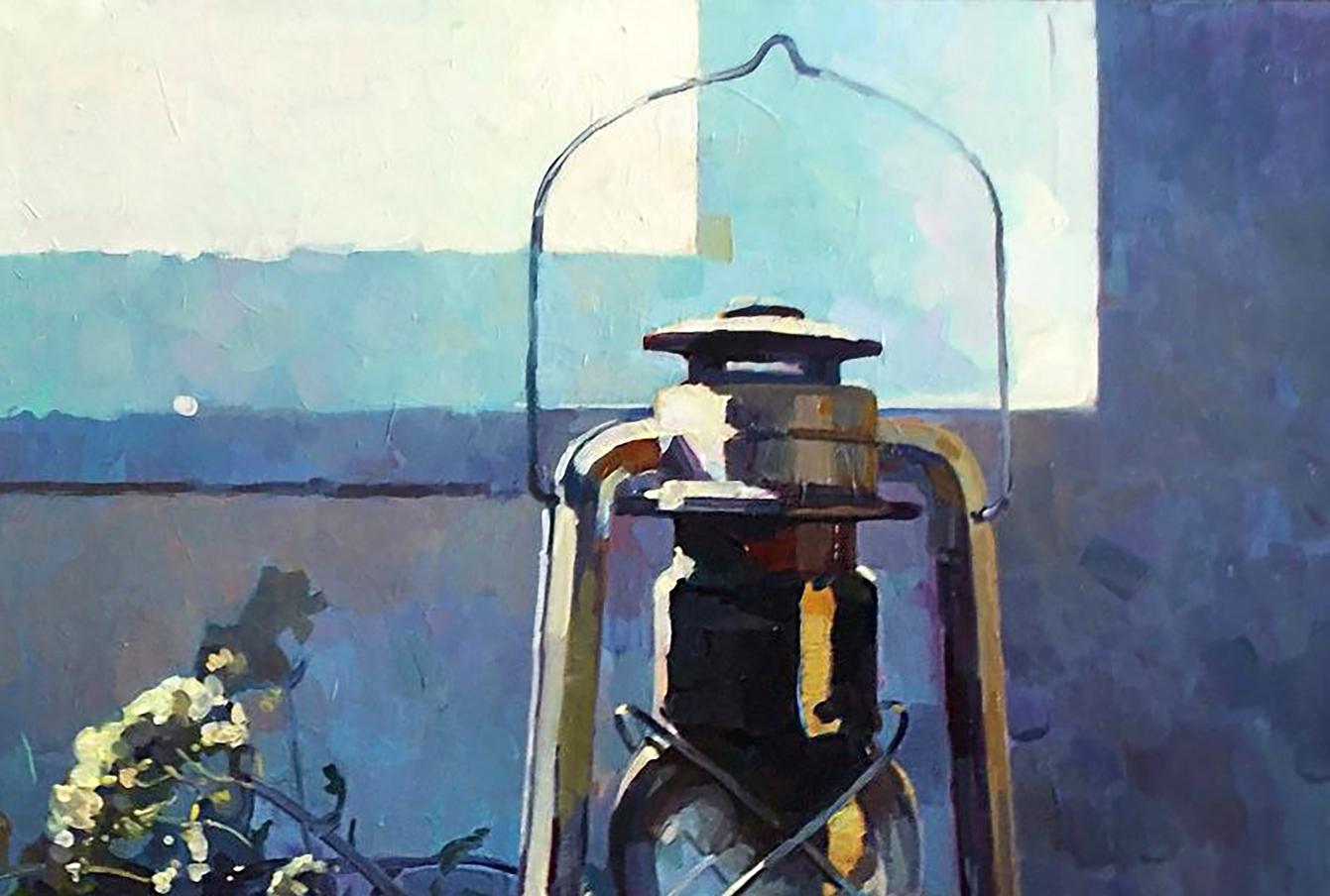Oil painting Still life with pears by Anastasia Yaroshevich with vintage brass lantern