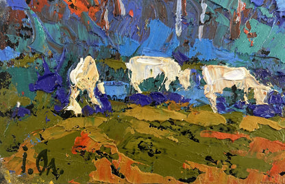 Vibrant impressionist oil painting of white cows grazing in shade of trees by Oleksiy Ivanyuk