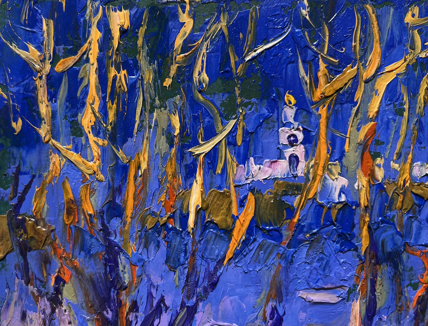 Oil painting Frosty evening in the forest by Oleksiy Ivanyuk with blue and yellow strokes