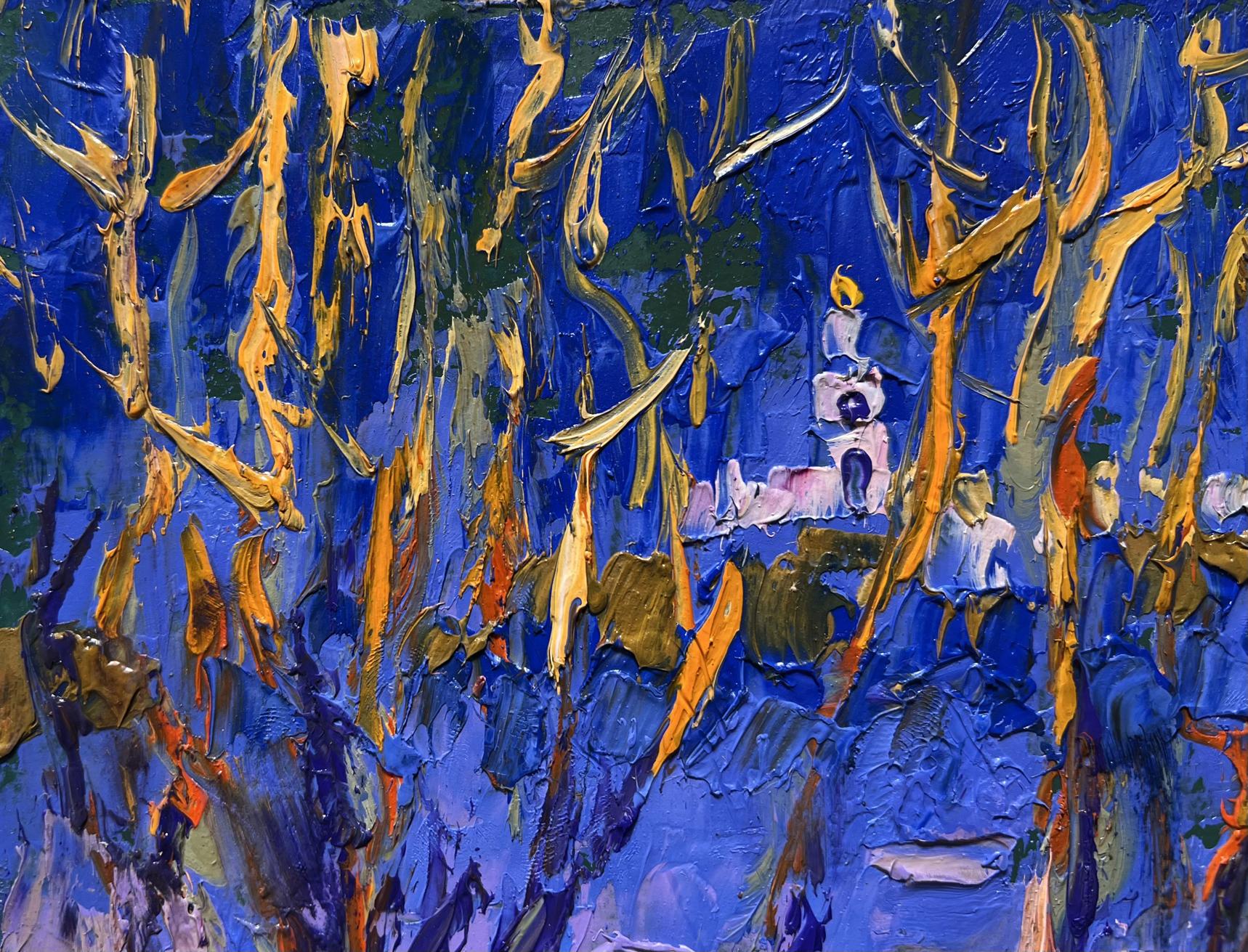 Oil painting Frosty evening in the forest by Oleksiy Ivanyuk with blue and yellow strokes