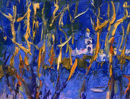Oil painting Frosty evening in the forest by Oleksiy Ivanyuk with blue and yellow strokes