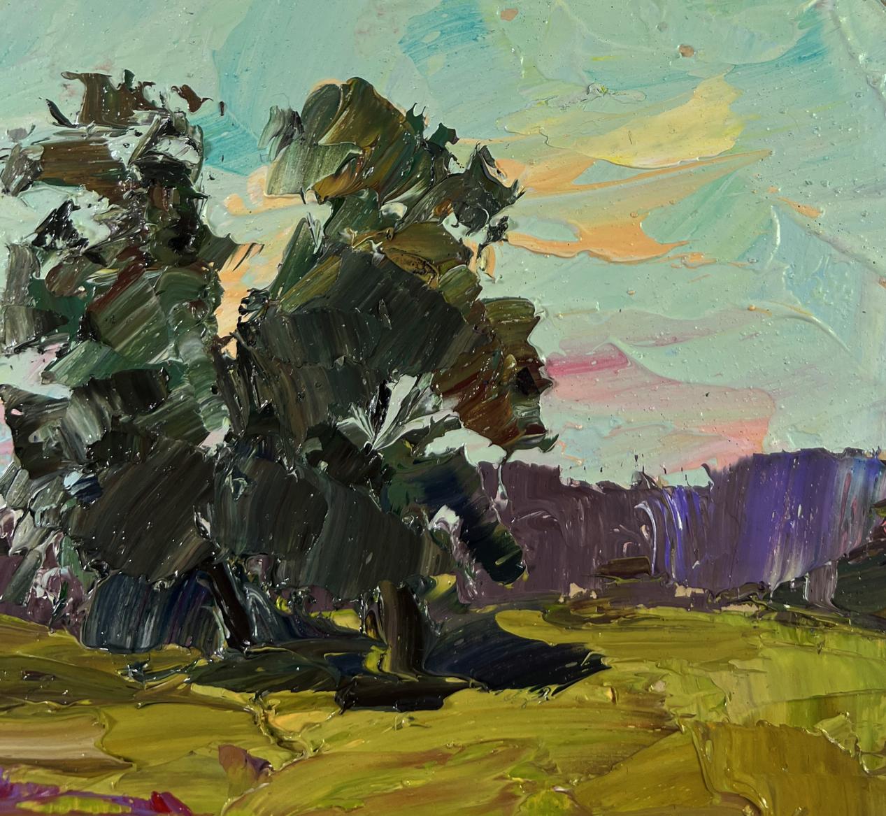 Oil painting of tree by Boris Serdyuk: dark green strokes, teal pink sky