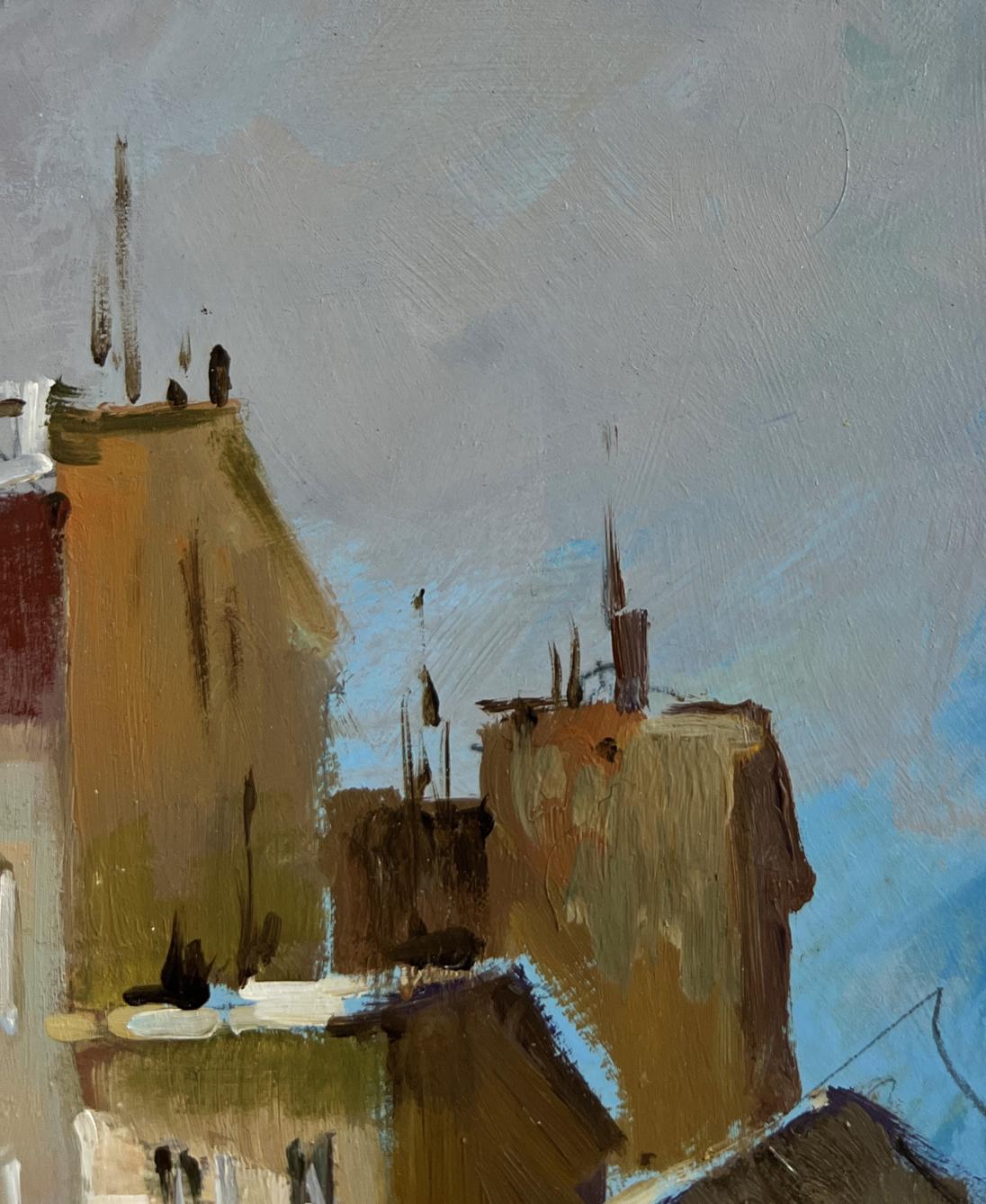 Oil painting Shadows of a City Street by Yuriy Suprunchuk, urban rooftops