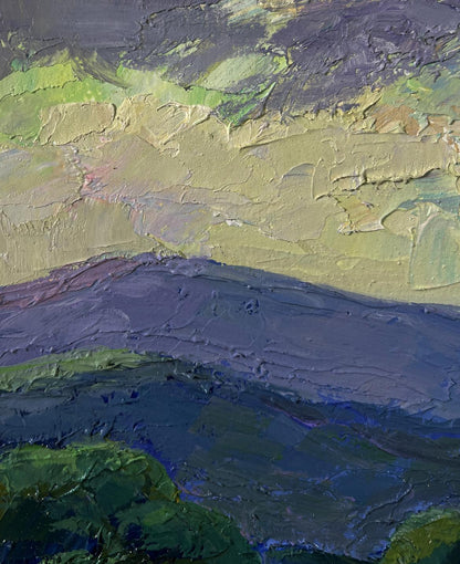 Textured impasto oil painting of mountain sunset by Boris Serdyuk