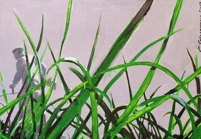 Oil painting Lawn Ed Potapenkov with vibrant green grass blades in bold painterly strokes