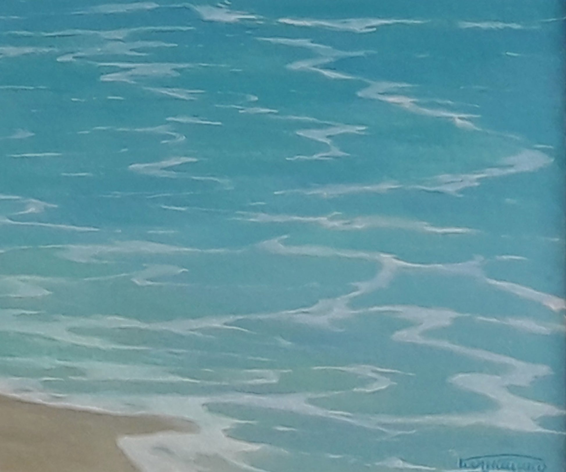 Oil painting of calm turquoise waves by Vasily Korkishko lapping sandy shore