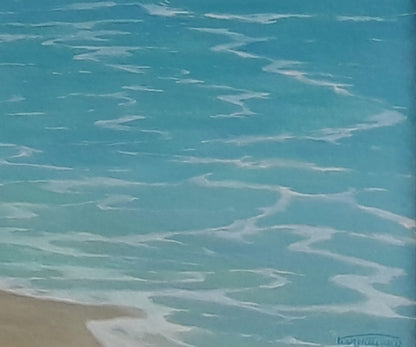Oil painting of calm turquoise waves by Vasily Korkishko lapping sandy shore