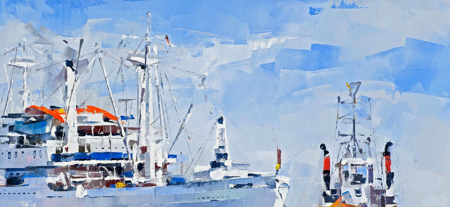 Stylized impressionist oil painting of Cap San Diego cargo ship by Volodymyr Gluhomanyuk