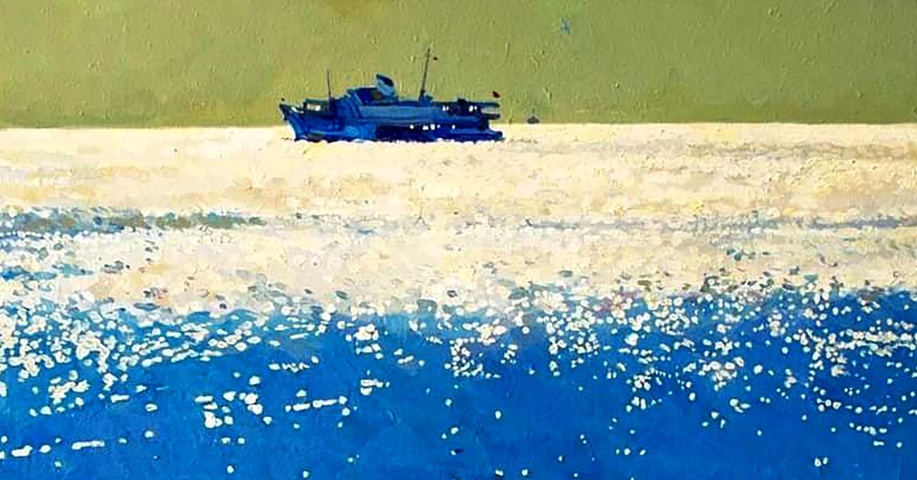 Oil painting Shine by Anastasia Yaroshevich: vibrant blue fishing boat on seascape