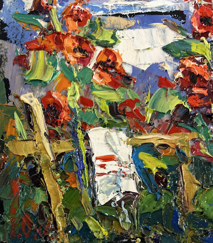 Vibrant impressionist oil painting of blooming mallows by Oksana Ivanyuk