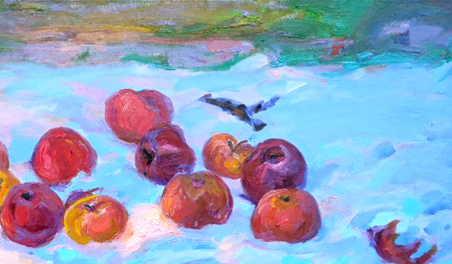 Vibrant impressionist oil painting of red yellow Christmas apples by Leonid Pavlenko