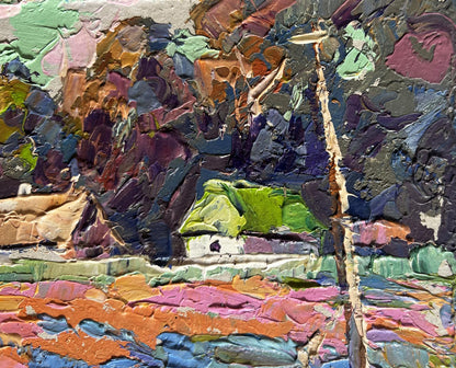 Oil painting of colorful fields and village by Oksana Ivanyuk