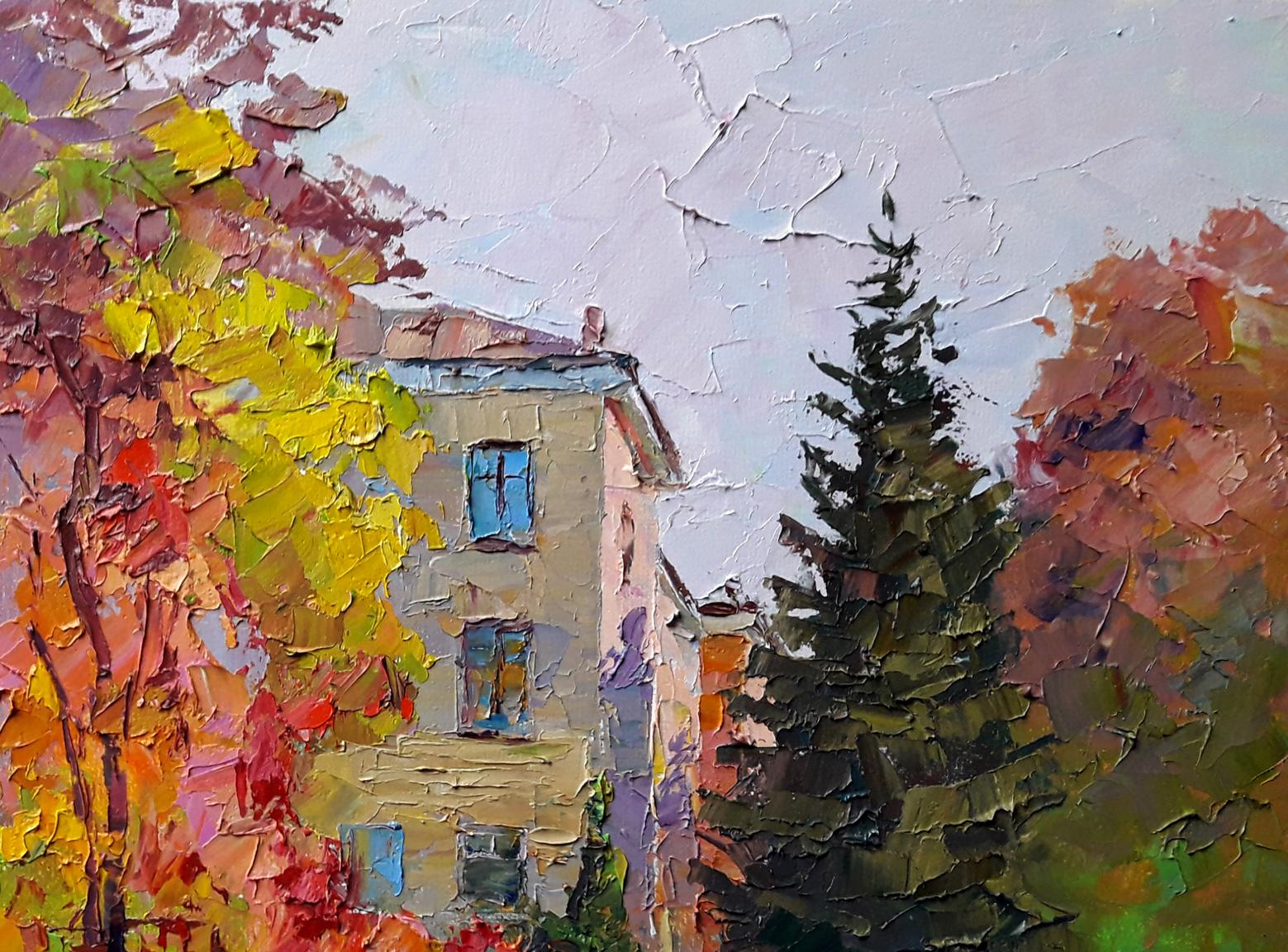 Oil painting by Boris Serdyuk: beige cityscape building with blue windows amid autumn trees