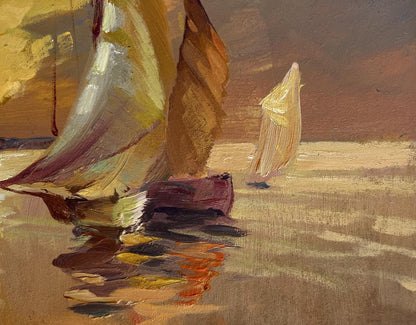Oil painting In the evening at sea by Yuriy Suprunchuk with sailboats